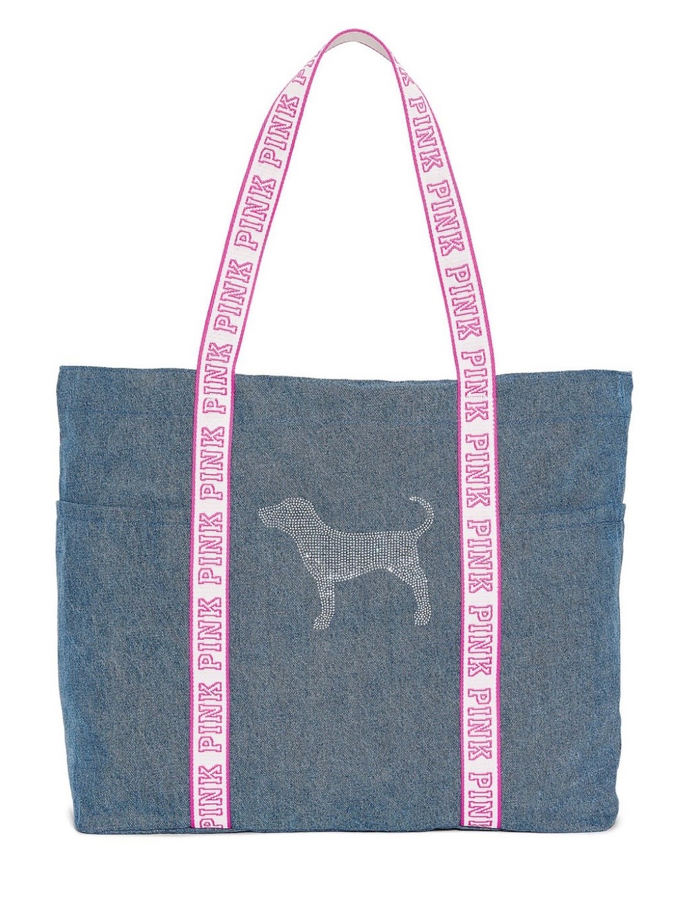 PINK Victoria's Secret Denim Tote with Pink Logo Straps and Rhinestone Dog